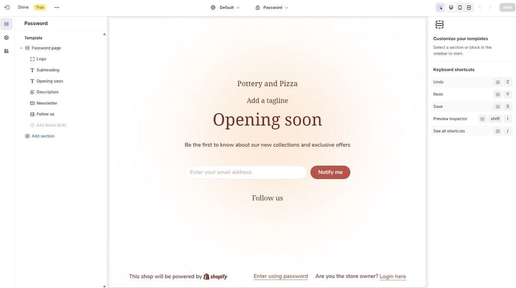 Shopify Theme Editor - Editing the Password Page