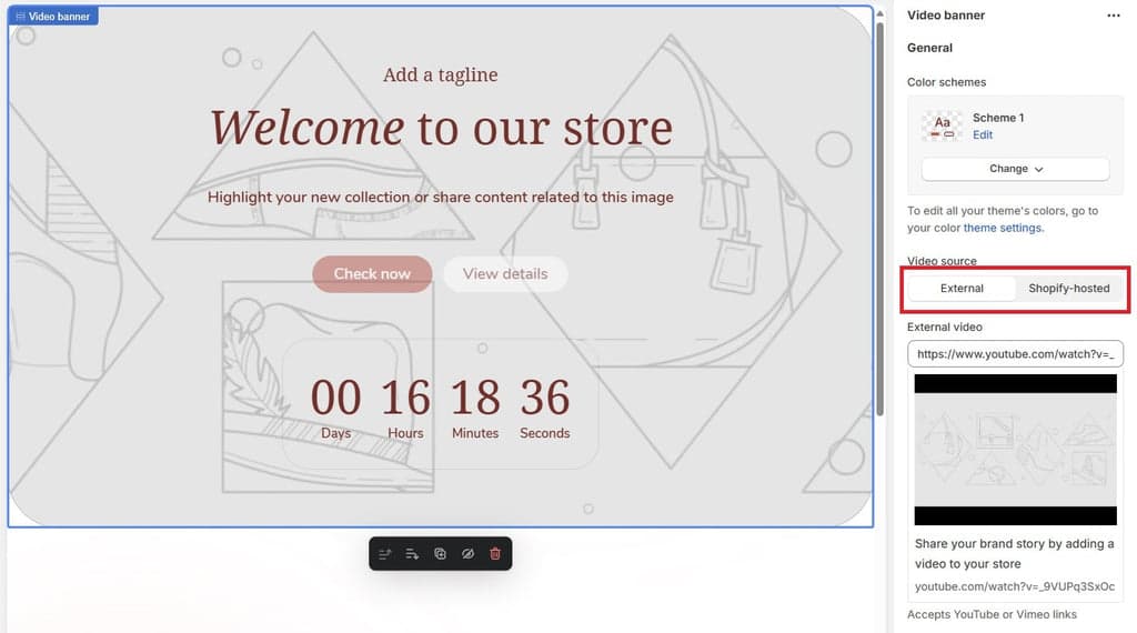 Shopify Theme Editor - External and Shopify-hosted Options for Shine Video Banner