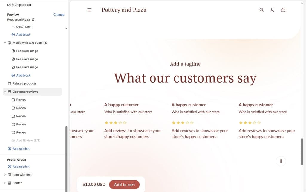 Shopify Theme Editor - Product Page - Customer Reviews Section