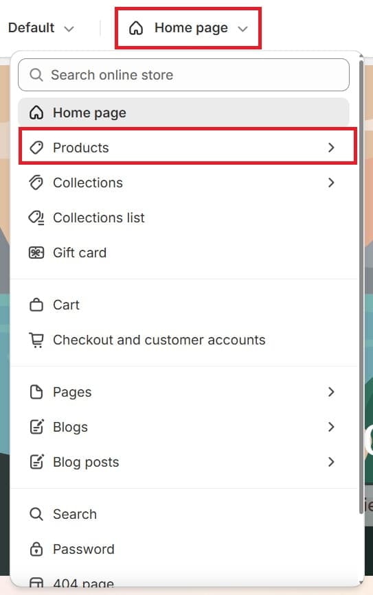Shopify Theme Editor - Home page - Products Navigation
