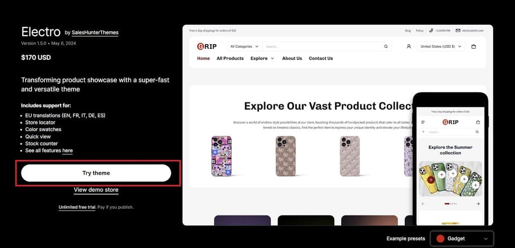 Electro Theme Shopify Theme Store Listing - Try Theme Button