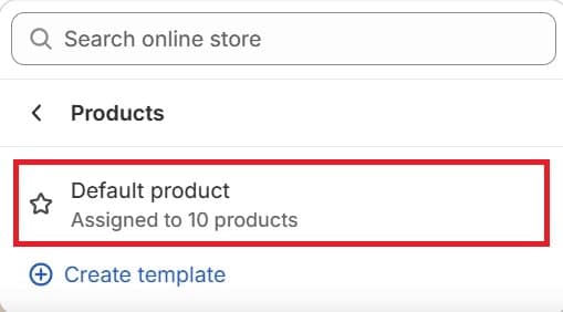 Shopify Theme Editor - Default Product Product Page Template Tab