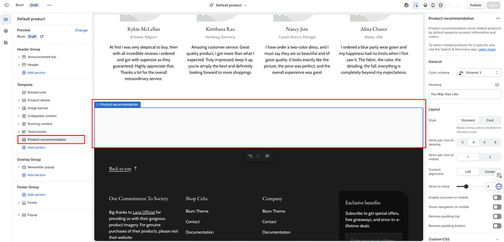 product recommendation section in shopify editor