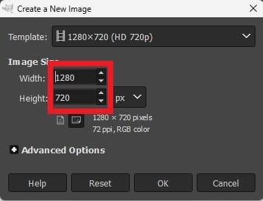 1280 x 720 image resolution Gimp settings