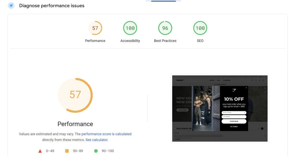 Gymshark Pagespeed Insights Score on Desktop