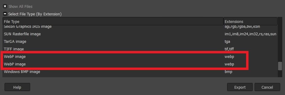 WebP Image GIMP Export Settings