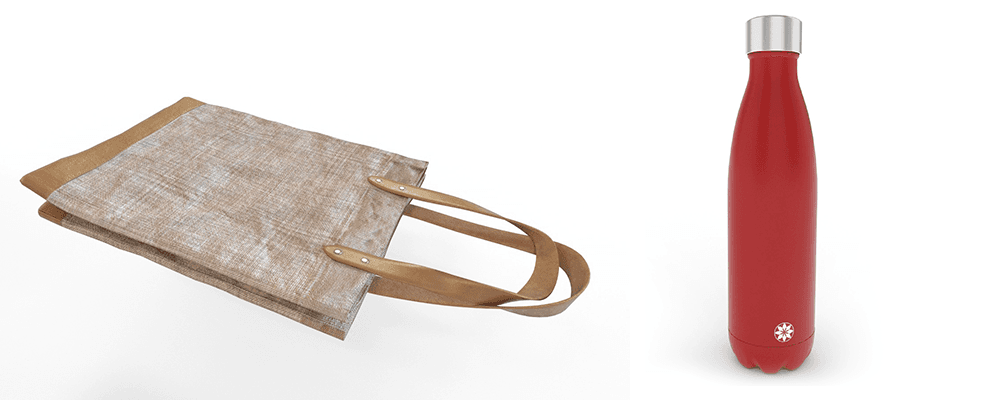 Left: A bag. Right: A red tumbler