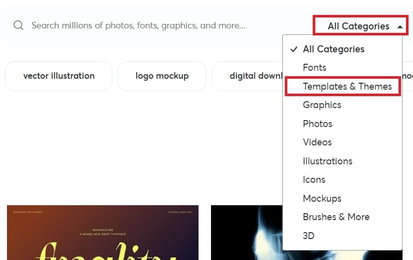 Creative Market all categories dropdown - templates and themes