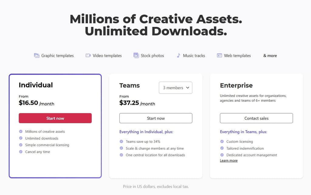 Envato Elements Subscription Pricing Page