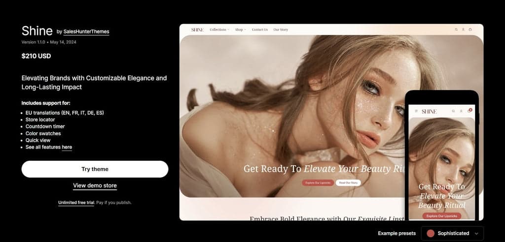 Shine Theme Shopify Theme Store Listing