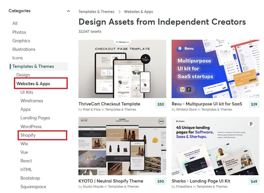 Creative Market templates and themes - websites and apps - Shopify filter