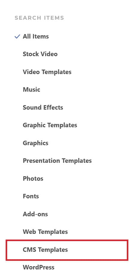 Envato Elements All Items Dropdown CMS Templates Selection