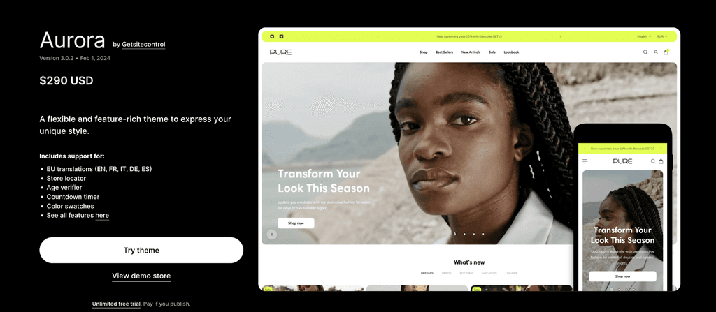 Aurora theme single product shopify theme