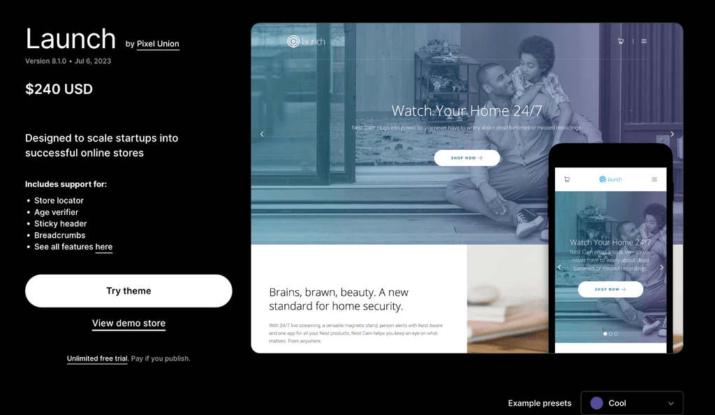 launch theme single product shopify theme