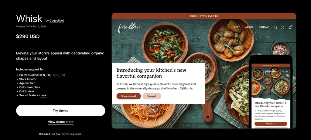 Whisk theme single product Shopify theme