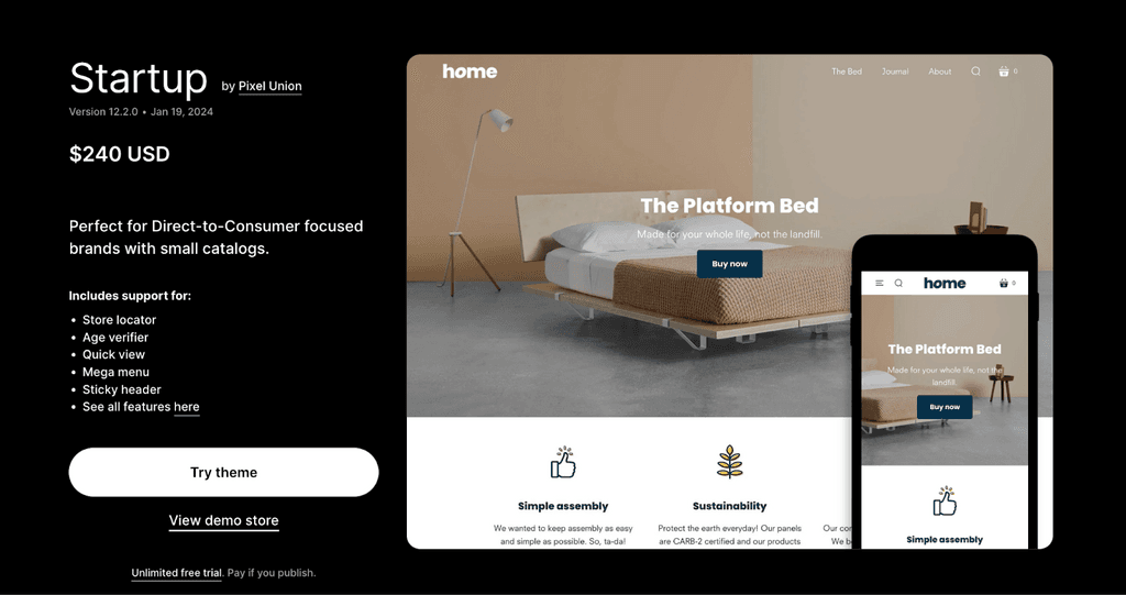 startup theme single product shopify theme