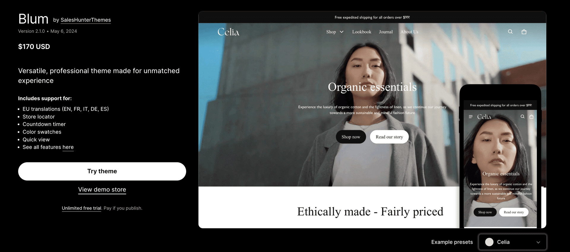 Blum Theme Shopify Theme Store Listing - Try Theme Button