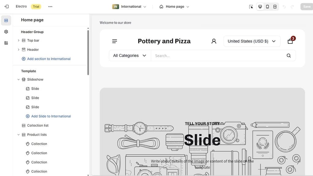 Electro Theme in the Shopify Theme Editor