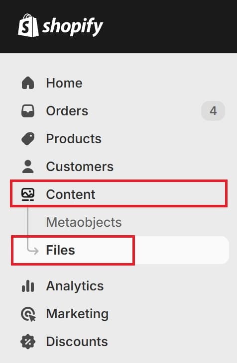 Content Files Navigation Shopify Admin Panel