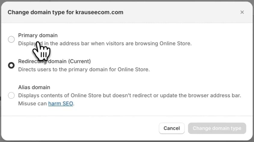 Shopify Domain Management - Change Domain Type - Primary Domain