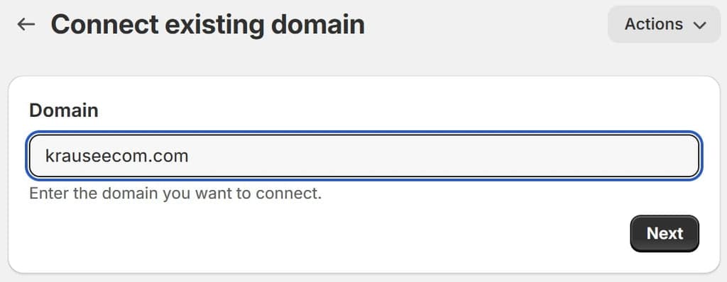 Shopify Domain Management - Connect existing domain - Filled out field