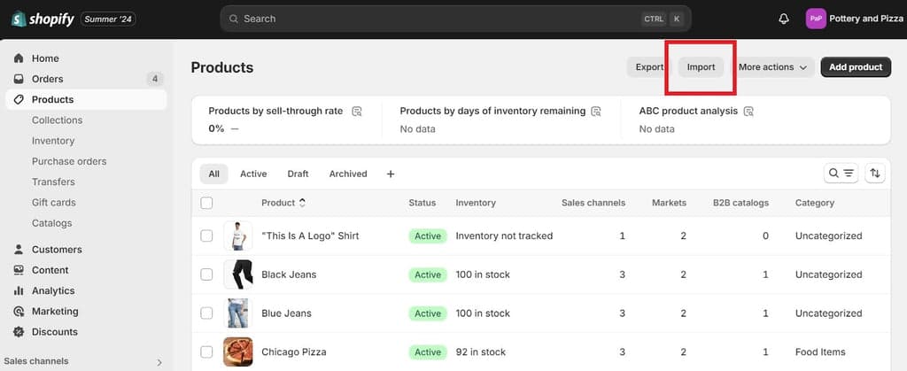 Shopify Product Management - Import Button