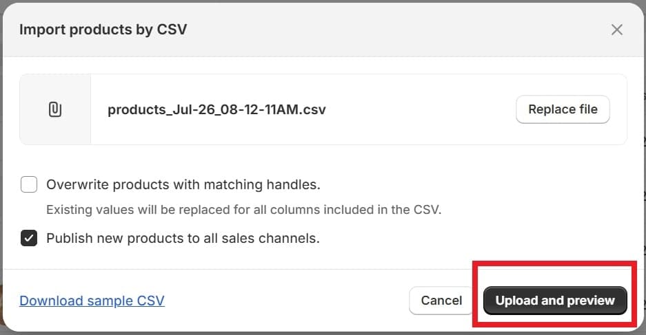 Importing Squarespace csv into Shopify Product Management - Upload and preview button