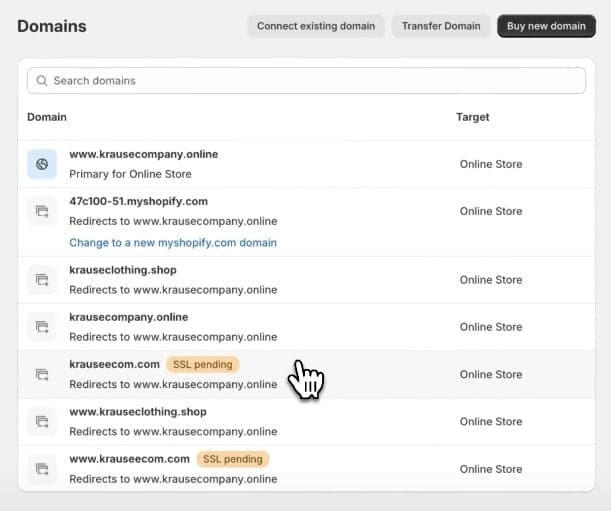 Shopify Domain Management - Selecting Connected Squarespace Domain