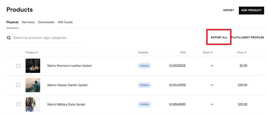 Squarespace Product Management - Export All button