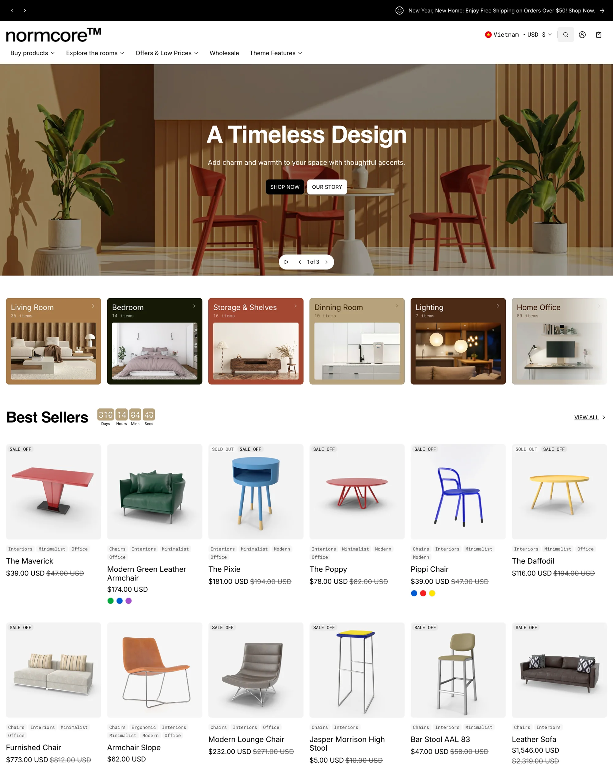 Normcore Shopify theme storefront preview showing combined listings and bulk-order support