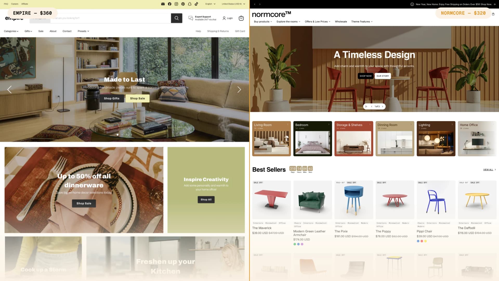 Side-by-side comparison of Empire and Normcore Shopify theme storefronts, showing Empire at $340 and Normcore at $320