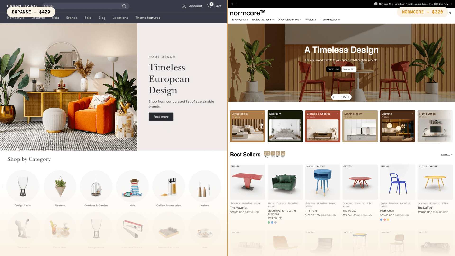 Side-by-side comparison of Expanse and Normcore Shopify theme storefronts, showing Expanse at $420 and Normcore at $320