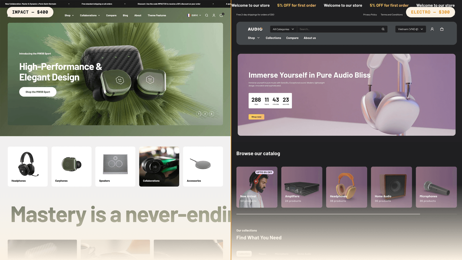 Side-by-side comparison of Impact and Electro Shopify theme storefronts, showing Impact at $400 and Electro at $300