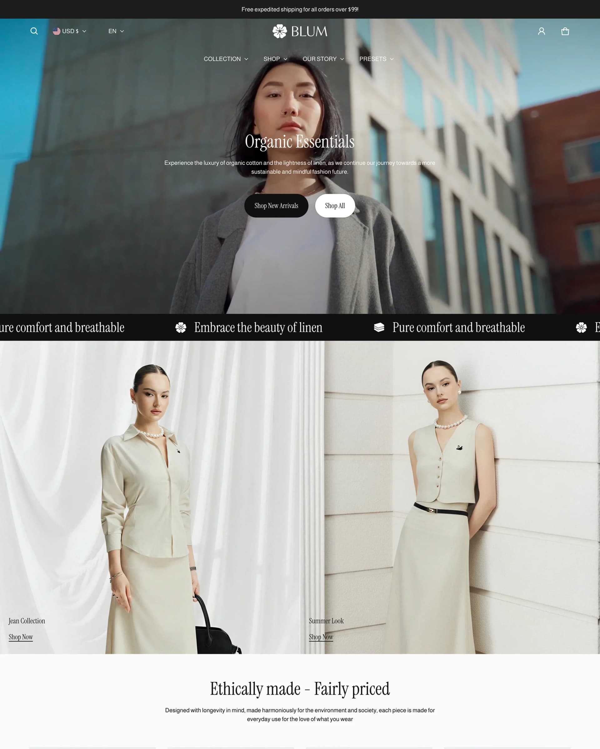 Blum Shopify theme storefront preview showing fashion-focused hotspot and outfit building features