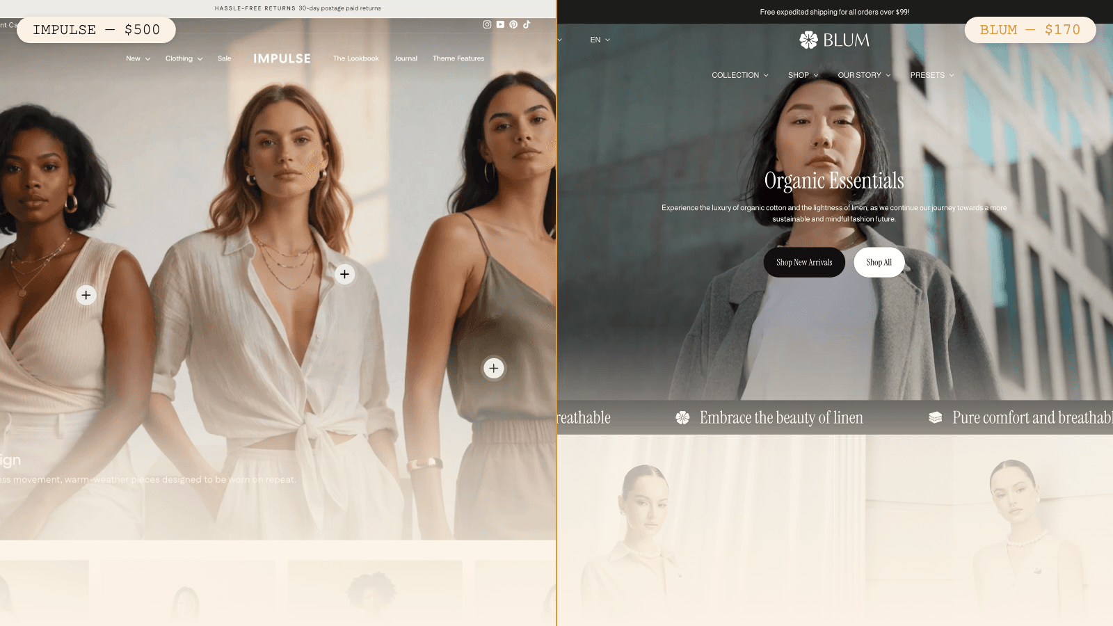 Side-by-side comparison of Impulse and Blum Shopify theme storefronts, showing Impulse at $500 and Blum at $170