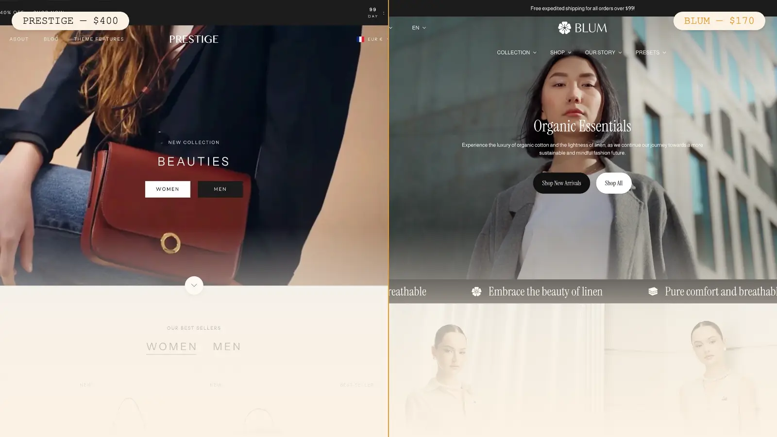Side-by-side comparison of Prestige and Blum Shopify theme storefronts, showing Prestige at $400 and Blum at $170
