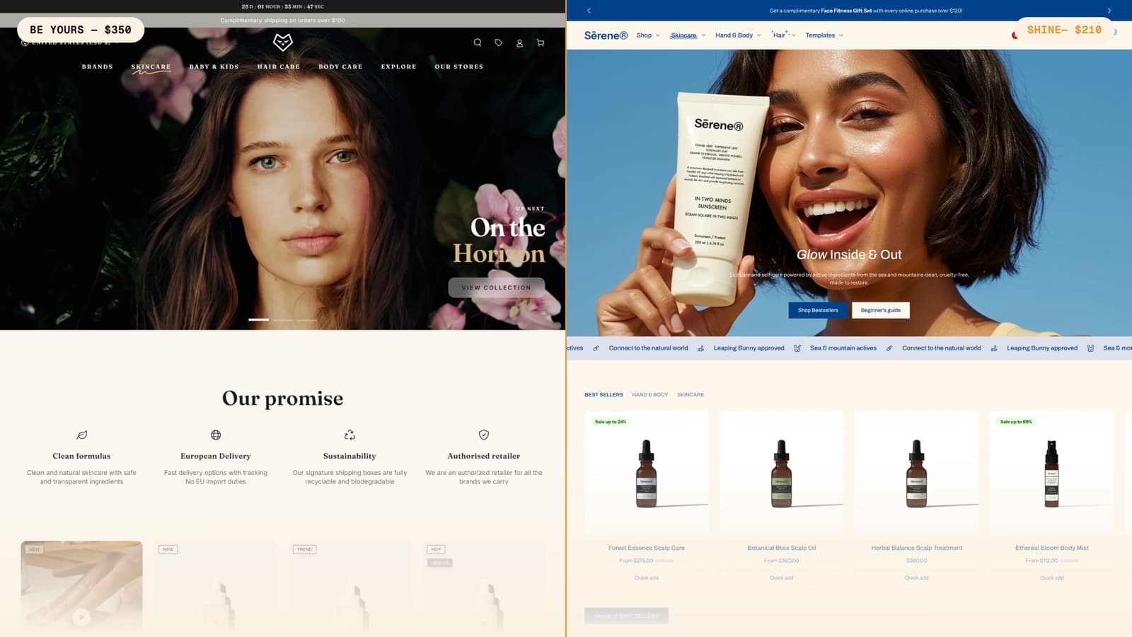 Side-by-side comparison of Be Yours and Shine Shopify theme storefronts, showing Be Yours at $350 and Shine at $210