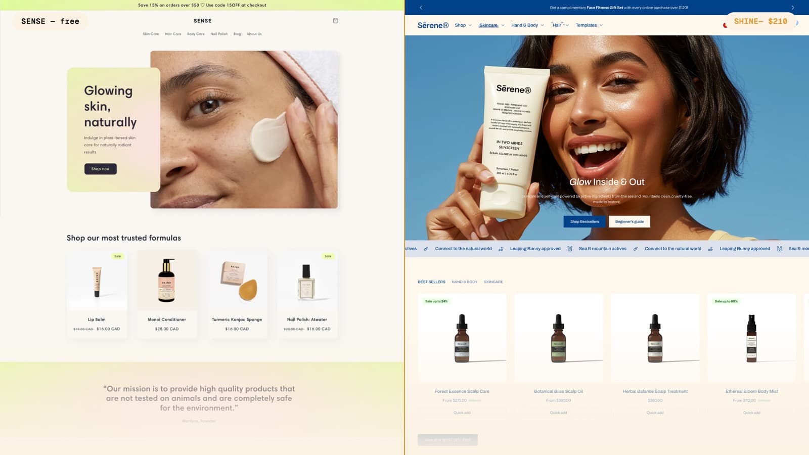 Side-by-side comparison of Sense and Shine Shopify theme storefronts, showing Sense free and Shine at $210