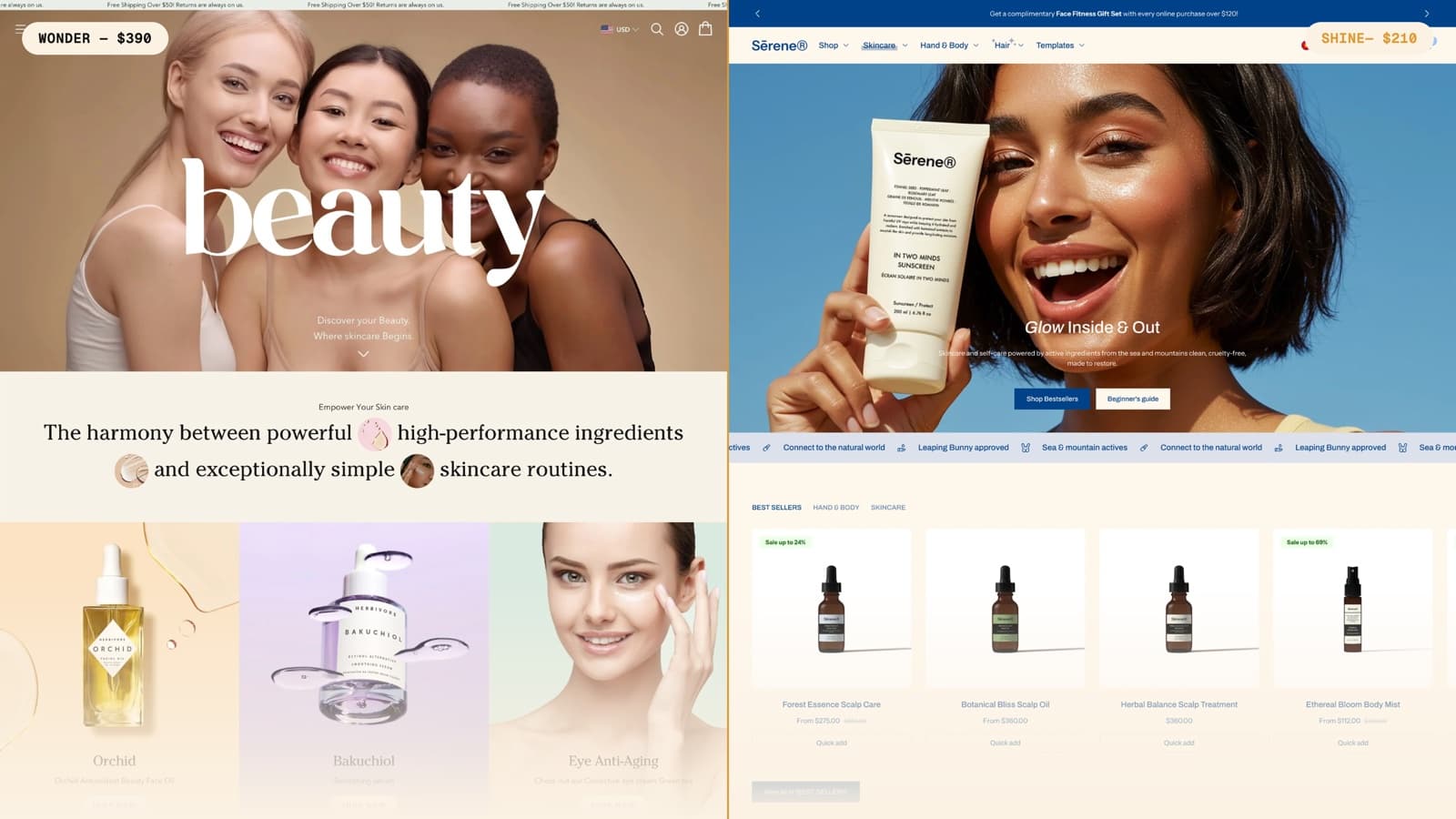 Side-by-side comparison of Wonder and Shine Shopify theme storefronts, showing Wonder at $390 and Shine at $210