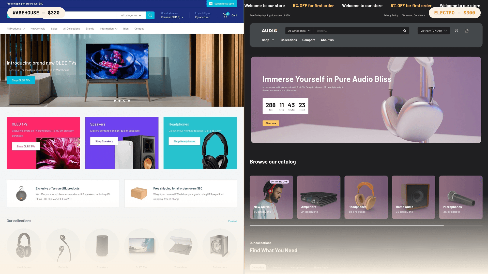 Side-by-side comparison of Warehouse and Electro Shopify theme storefronts, showing Warehouse at $320 and Electro at $300